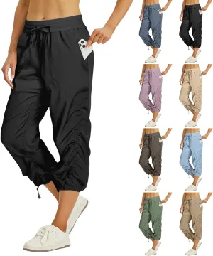ADHOWBEW Capri Pants for Women Stretch Active Summer Drawstring Casual Hiking Outdoor Baggy Lightweight Joggers with Pockets