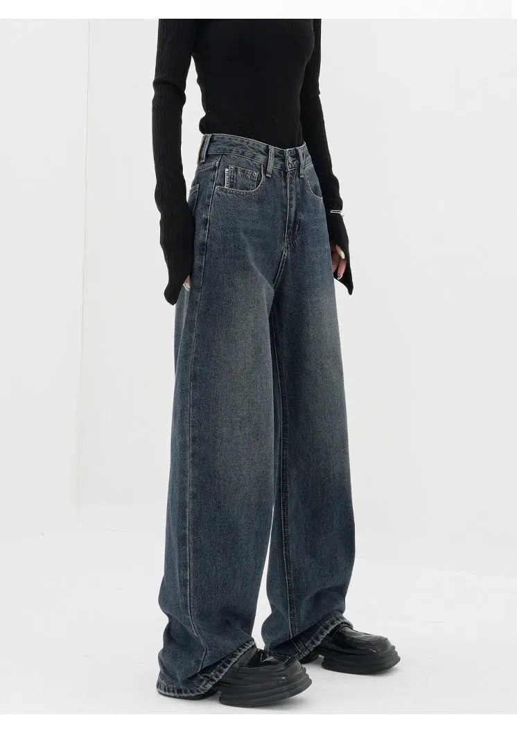 Baggy Straight Dark Blue Denim Jeans - Retro Style