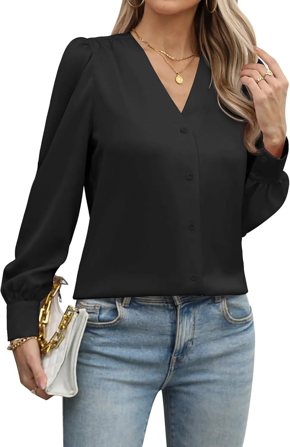 Blouses for Women Business Casual Tops Satin Silk V Neck Long Sleeve Button Down Shirts Work Blouses