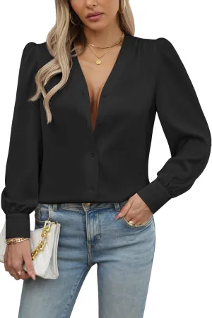 Blouses for Women Business Casual Tops Satin Silk V Neck Long Sleeve Button Down Shirts Work Blouses