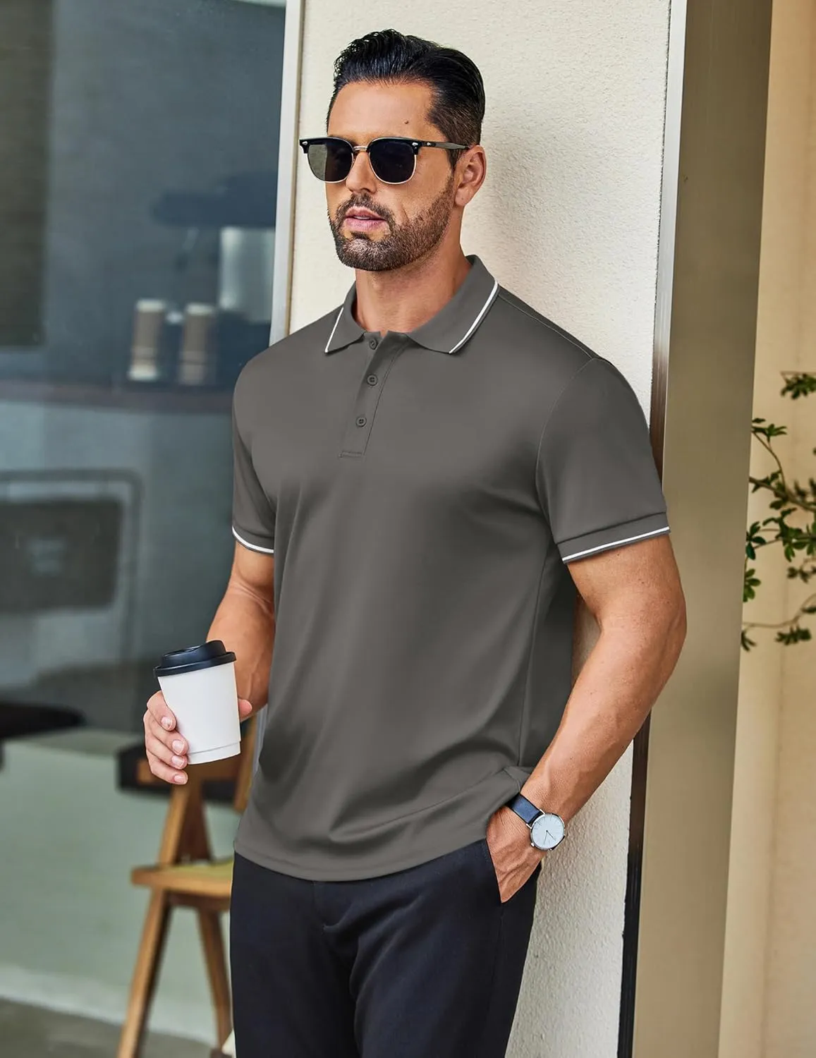 COOFANDY Mens Polo Shirts Short Sleeve Golf Polo Button Pullover Casual Contrast Color Basic T Shirt Ribbed Collar