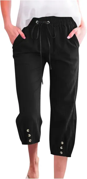 Cotton Linen Pants for Women Summer Elastic Waist Solid Capris Pants Straight Wide Leg Cropped Trousers
