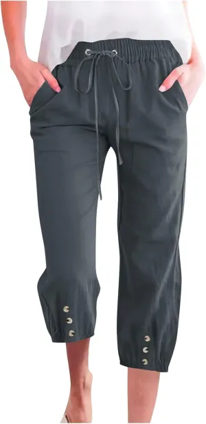 Cotton Linen Pants for Women Summer Elastic Waist Solid Capris Pants Straight Wide Leg Cropped Trousers