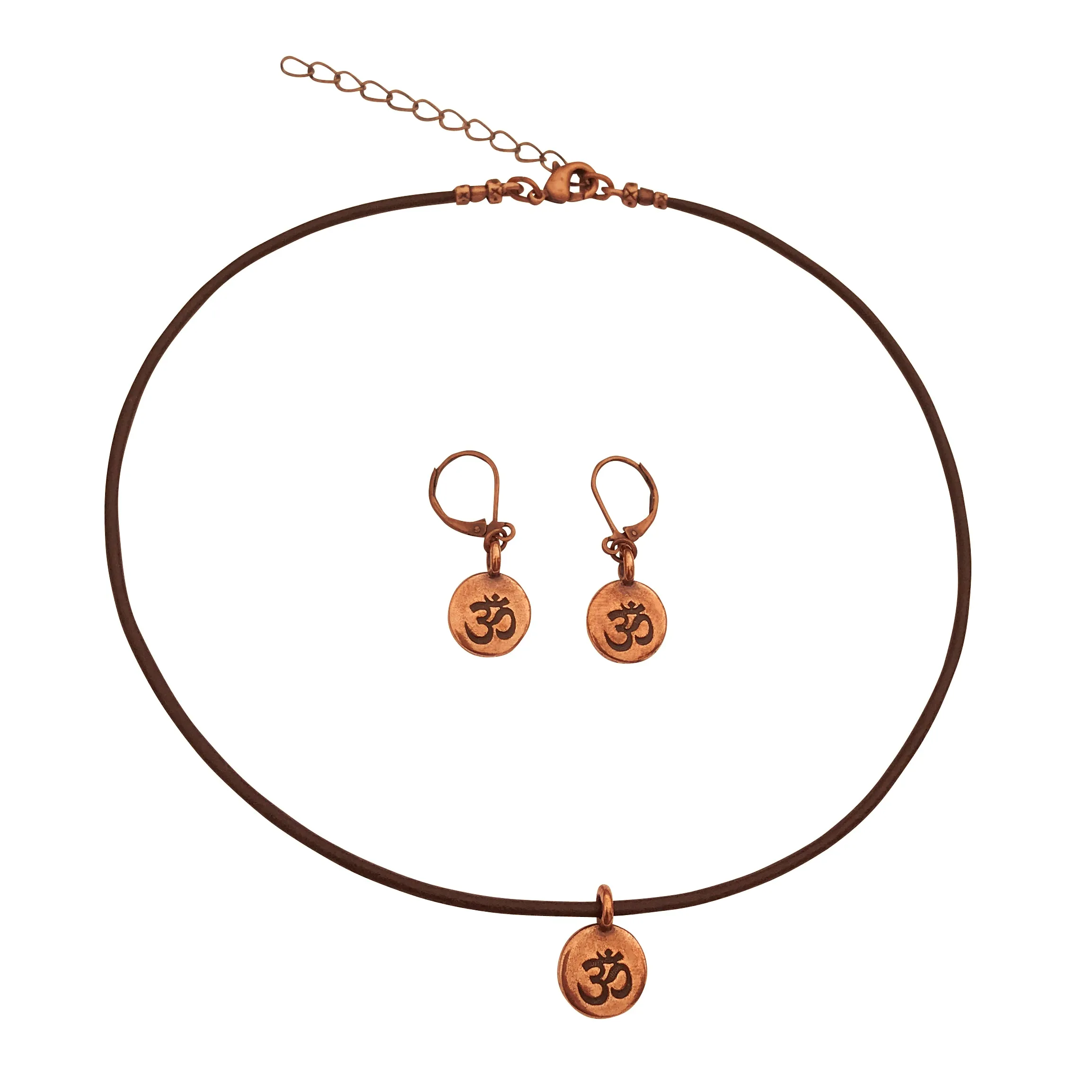 DragonWeave Om/Ohm Symbol Circle Charm Necklace and Earring Set, Antique Copper Brown Leather Choker and Leverback Earrings