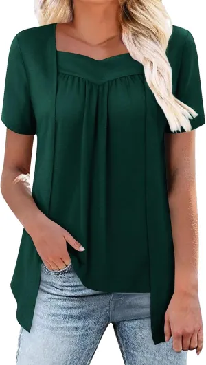 Fake Two Shirts Women Summer Trendy Loose Flowy Tops Casual Square Neck Pleated Layered Short Sleeve Boho Blouse 2025