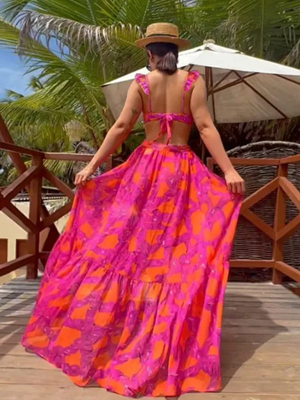 Fuchsia Ruffle 3-Piece Swimwear - Underwire Push-Up Bra & Bikini & Skirt