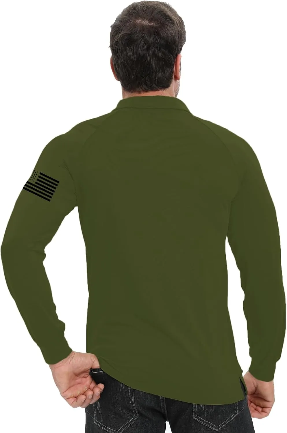 H HYFOL Long Sleeve Polo Shirts for Men Graphic Stretch Casual American Patriotic Raglan Golf Polos for Men