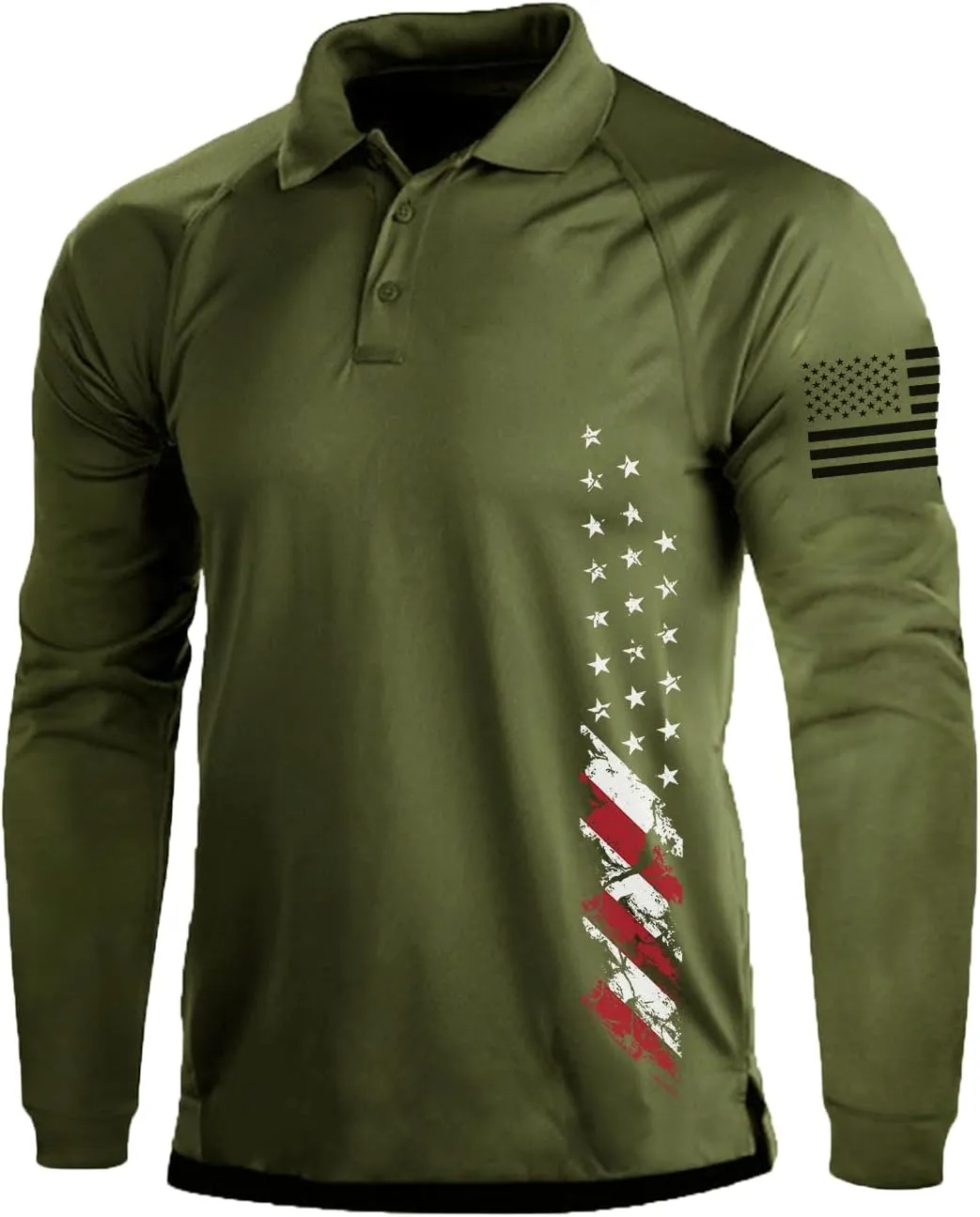 H HYFOL Long Sleeve Polo Shirts for Men Graphic Stretch Casual American Patriotic Raglan Golf Polos for Men
