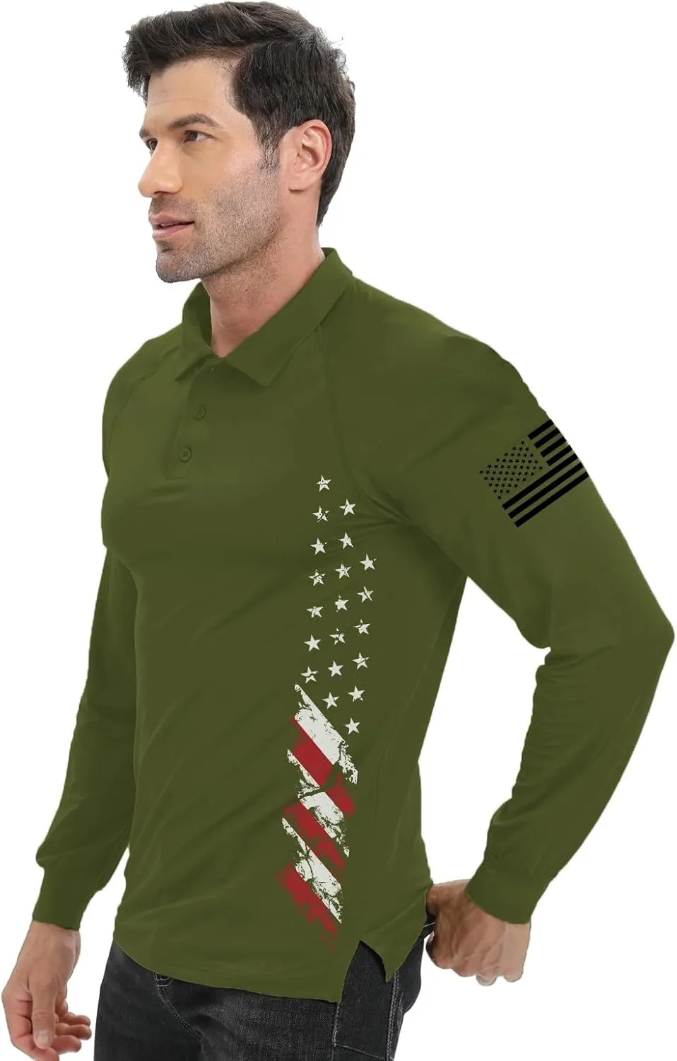 H HYFOL Long Sleeve Polo Shirts for Men Graphic Stretch Casual American Patriotic Raglan Golf Polos for Men