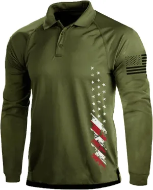 H HYFOL Long Sleeve Polo Shirts for Men Graphic Stretch Casual American Patriotic Raglan Golf Polos for Men