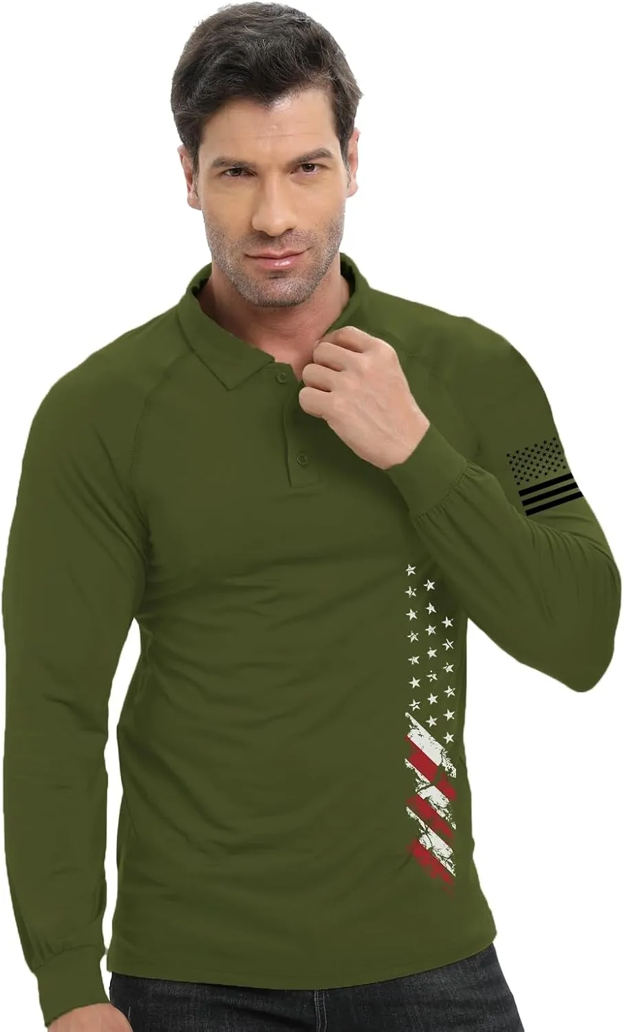 H HYFOL Long Sleeve Polo Shirts for Men Graphic Stretch Casual American Patriotic Raglan Golf Polos for Men