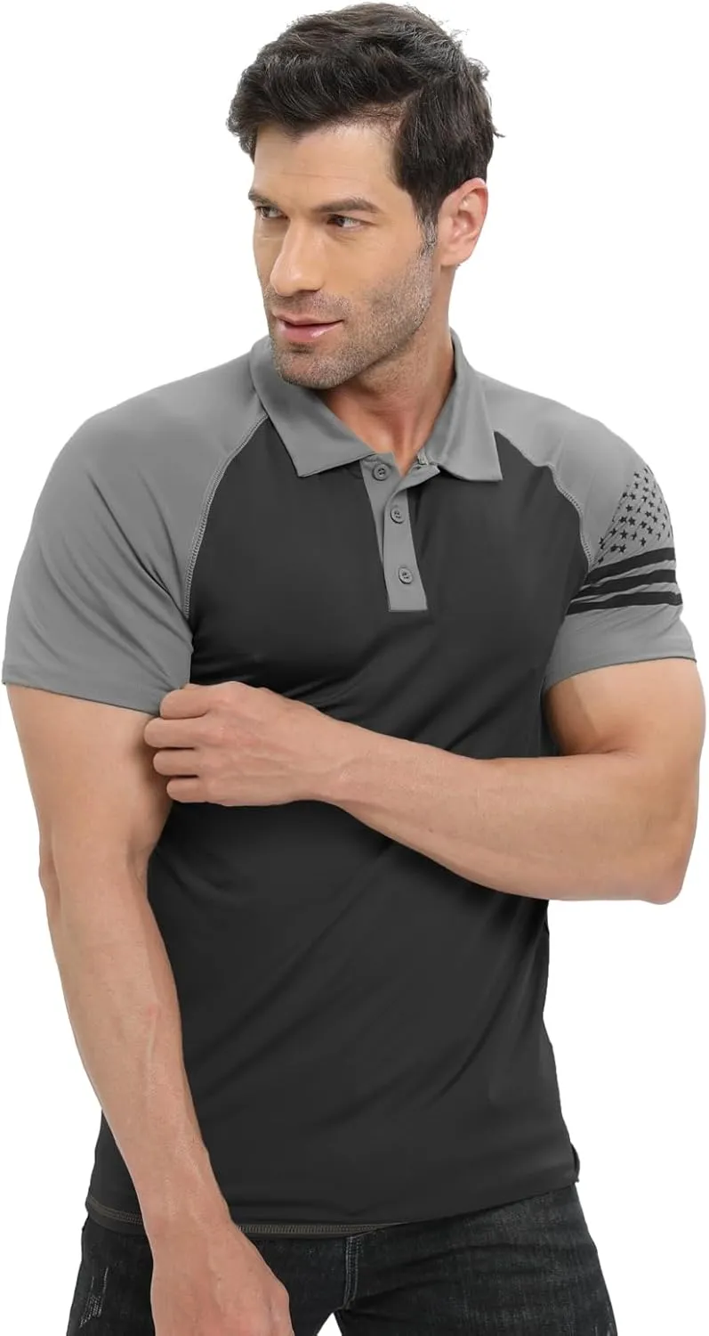 H HYFOL Short Sleeve Polo Shirts for Men Graphic Stretch Casual American Patriotic Raglan Golf Polos for Men