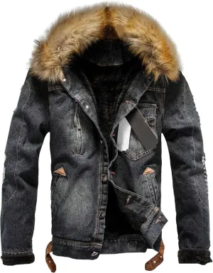 Men's Faux Fur Collar Denim Jacket Fleece Multiple Pockets Jean Jackets Lined Winter Trucker Cowboy Coat