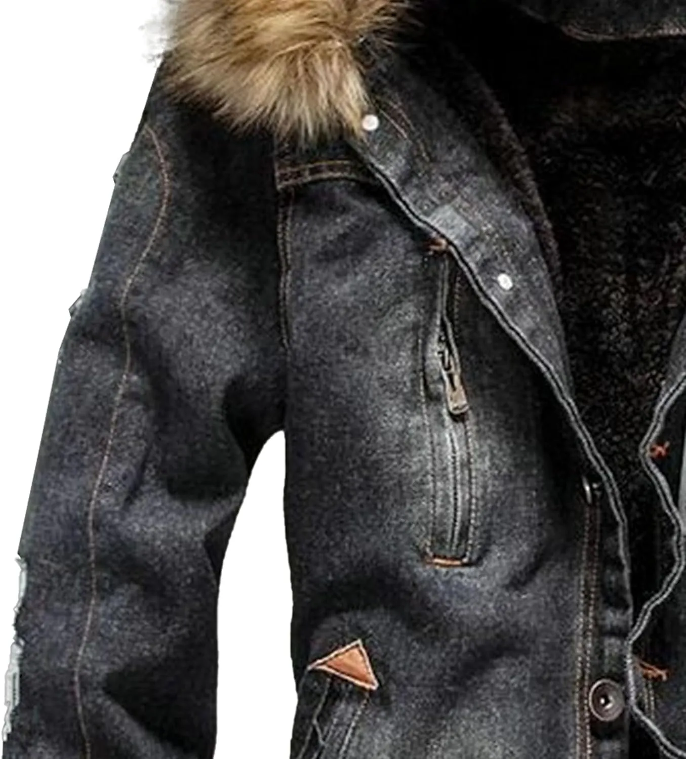 Men's Faux Fur Collar Denim Jacket Fleece Multiple Pockets Jean Jackets Lined Winter Trucker Cowboy Coat