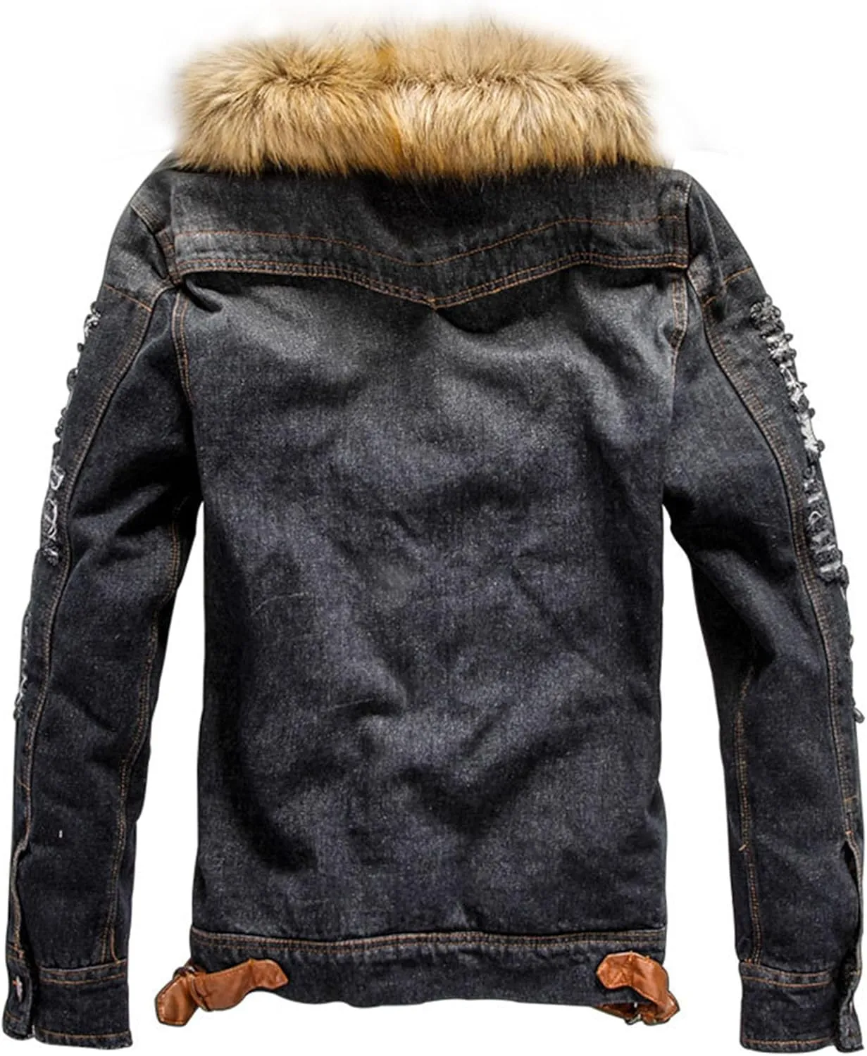Men's Faux Fur Collar Denim Jacket Fleece Multiple Pockets Jean Jackets Lined Winter Trucker Cowboy Coat