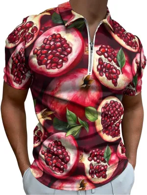 Pomegranates Trendy Polo Shirts for Men Short Sleeve Lapel Collar Zipper T-Shirts Outdoor Sports