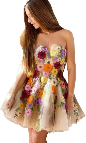 Women's 3D Flowers Floral Tulle Prom Dresses A-Line Evening Gowns Formal Party Dress